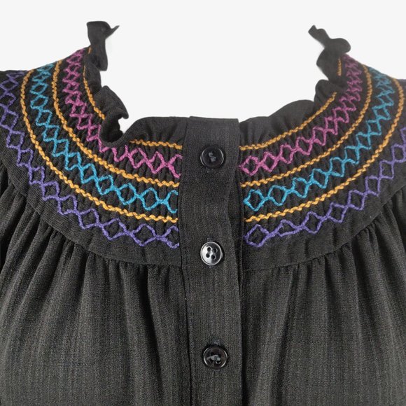 Vintage 1970s 80s Black Mexican Folk Dress Rainbow Smocking Cotton Gauze BOHO Br - Picture 5 of 16